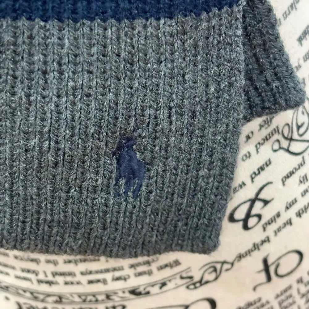 Ralph Lauren Gray Blue Ribbed Knit Rectangle Scarf Pony Logo Preppy Classic